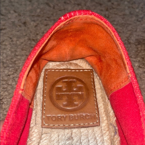 Tory Burch Jamie Woven Canvas Espadrille Red Canyon Tan Logo Flats 10 - Picture 8 of 9